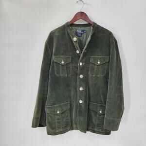 VTG Polo Ralph Lauren Mens Corduroy Military Jacket L Green Lion Crest Mock Neck